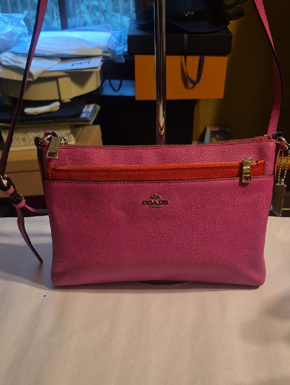 Coach Pink Crossbody Bag with Orange Zip Accent NWOT.
